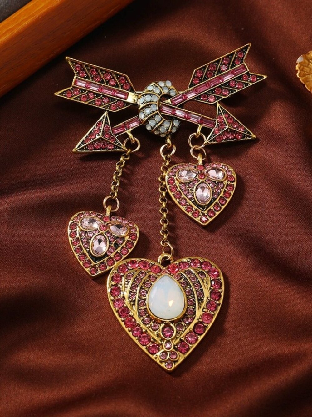 Vintage Arrow Heart Rhinestone Dangle Brooch